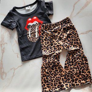 Lips & Leopard Print Bell Bottom Girls Set